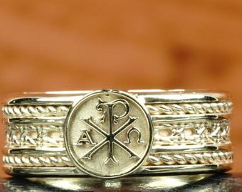 925 sterling silver Chi Rho Ring Alpha Band Ring, Christianity Symbol band ring, religious  ring, wedding anniversary gift ring, men's gift