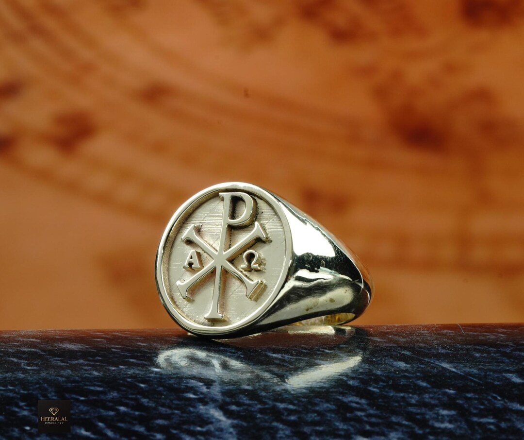 Chi Rho Wedding 14k Gold Plated Chi Rho Ring, Christian Symbol Band, Religious Gift ...