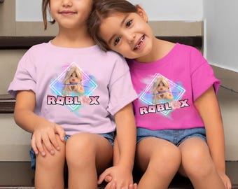 Roze roblox-shirt met pastelkleurige werveling | T-shirt met gamerlogo voor meisjes