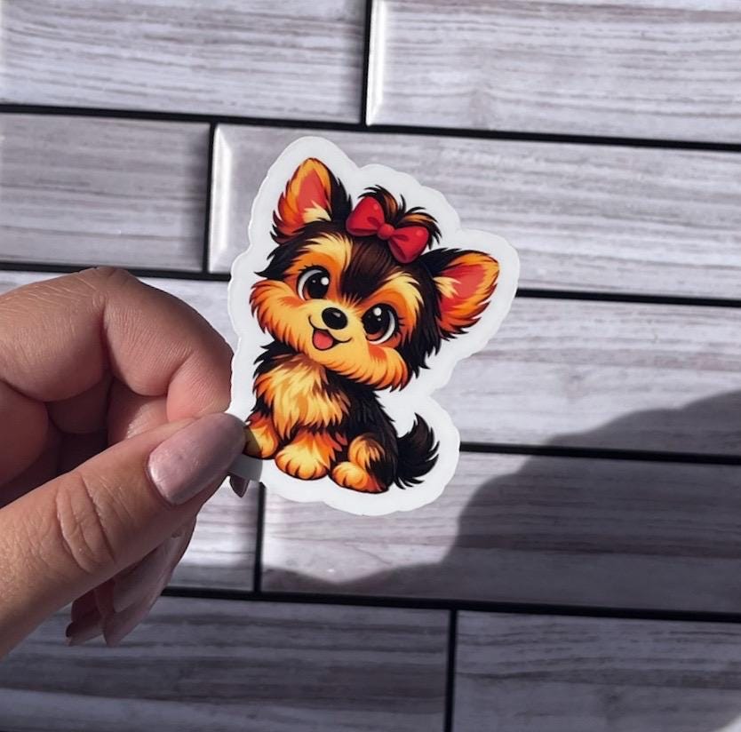 Cute Yorkie Sticker 2.5 Inch Cartoon Dog Vinyl Decal Red Bow Puppy ...
