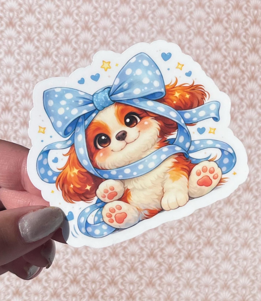 Blenheim Cavalier King Charles Spaniel Sticker Cute Puppy Dog Blue Bow ...