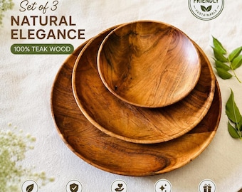 Handcrafted Acacia Wood Plates Set of 3 – Rustic Round Dinnerware Platters & Nested Wooden Serving Dishes for Appetizers, Salad Fruit Snacks
