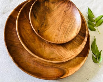 Handmade Acacia Wood Plate Set: Rustic Serving Plates, Set of 3