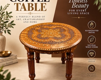 Mesa de centro redonda de madera de sheesham hecha a mano con detalles de incrustaciones de latón y tallados a mano – Mesa auxiliar/de centro tradicional con patas estriadas