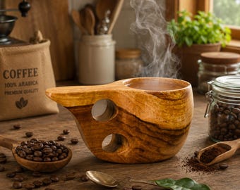 Handcrafted Teak Wood Kuksa Cup, Traditional Scandinavian Wooden Camping Mug, Rustic Bushcraft Travel Drinkware, Lightweight Coffee Cup