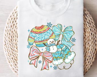 Winter Bow & Snowman PNG, Cute Coquette Christmas Clipart, Pastel Holiday Sublimation File for T-Shirts Mugs, Digital Download