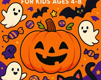 May include: A Halloween Activity Book for Kids Ages 4-8, featuring a smiling jack-o'-lantern, ghosts, bats, a black cat, and candy on an orange background. The cover has the words "Halloween Activity Book" in purple and yellow.