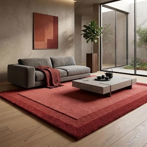 Tapete de lã tufado à mão | Tapete moderno vermelho ferrugem | Tapete minimalista para sala de estar | Tapete de lã macio | Pelo cortado e em laço | 1,5 x 2,4 m | 1,8 x 2,7 m | 2,4 x 3 m | 2,7 x 3,6 m