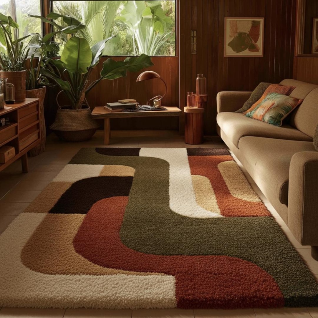Mid Century Modern Abstract Rug – Hand Tufted Wool Area Rug in Olive ...