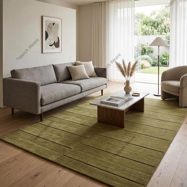 Hand Tufted Wool Rug | Modern Olive Green Striped Rug | Minimal Linear Area Rug | Living Room | Bedroom | Office | 5x8 | 6x9 | 8x10 | 9x12