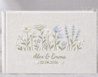 Anpassad broderad gästbok för bröllop, personlig linnegästbok med blombroderi, handgjord minnesbok för bröllop