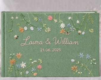 Lyxig broderad gästbok för bröllop, personligt bröllopsalbum i linne, elegant blomsterminne för brud och brudgum