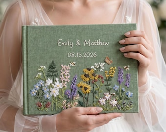 Libro de firmas para bodas de lino bordado a mano, recuerdo floral de abejas y flores silvestres, cuaderno personalizado, regalo de boda