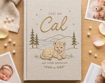 Álbum de fotos de bebé de lino con león bordado a mano, libro de recuerdos personalizado, el mejor regalo.
