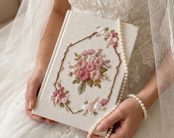 Libro de firmas de boda de lino de lujo, libro de firmas floral en tono rosa empolvado bordado a mano, libro de recuerdos nupciales personalizado