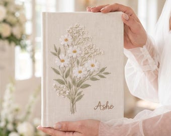 Personlig broderad linnedagbok, anpassad blommig anteckningsbok, handgjord prästkragebok, personlig present till henne