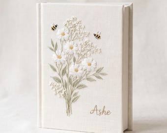 Broderad linnedagbok, blommig anteckningsbok med Daisy Bee-motiv, personlig gästbok för souvenirer