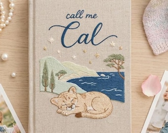 Álbum de fotos de tela personalizado para bebé, libro de recuerdos de lino bordado a mano, guardería con puma de la costa de California, álbum de recortes personalizado