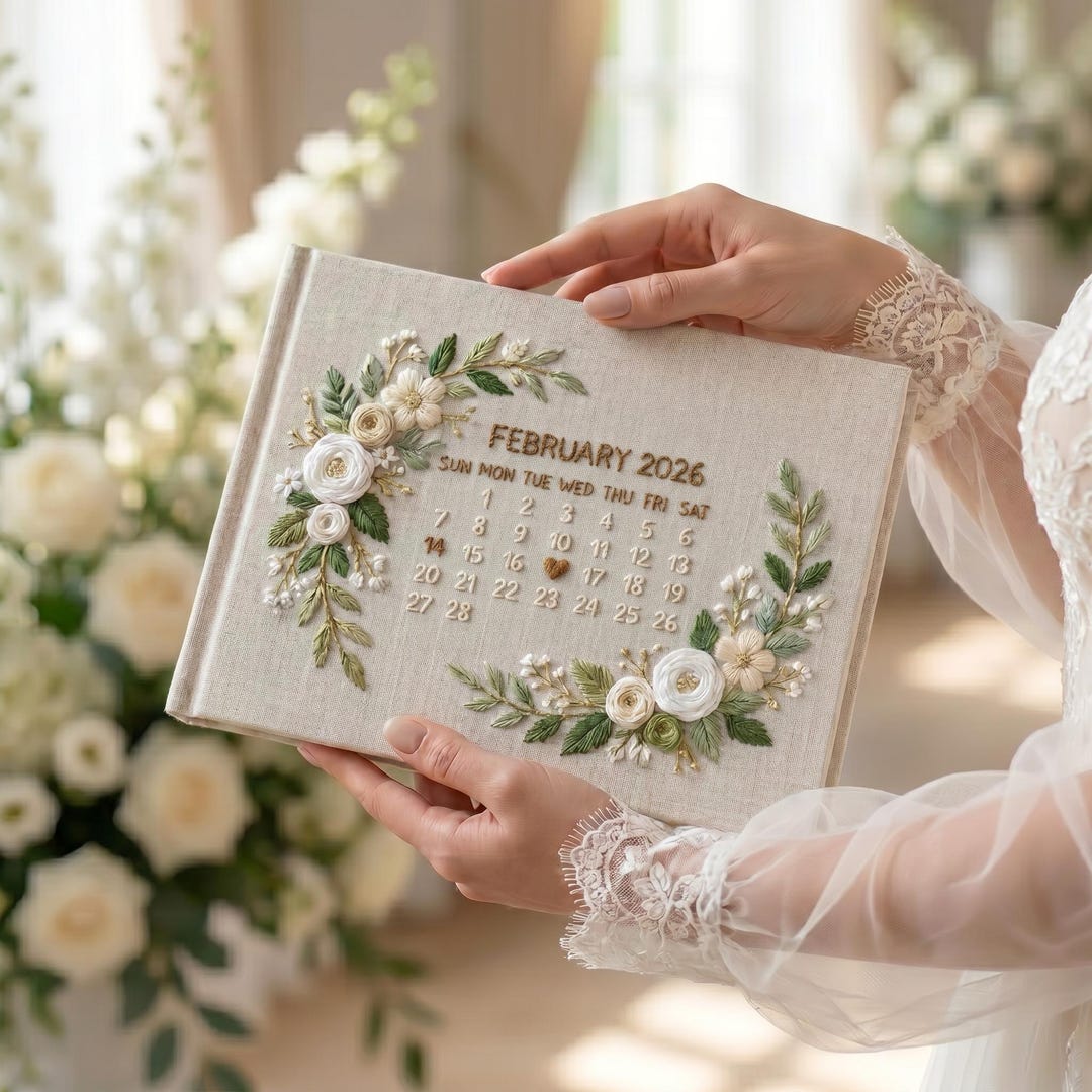 Hand Embroidered Wedding Date Calendar Book, Luxury Linen Wedding Guest ...