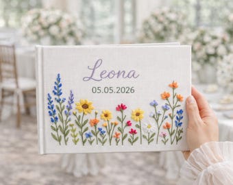 Lyxig gästbok i linne, personlig blommig minnesbok för bröllop