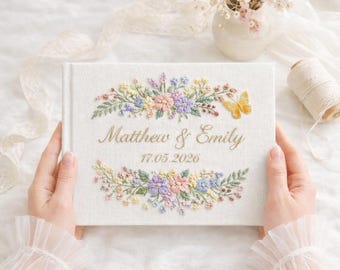 Broderad gästbok i linne för bröllop, A5, minnesbok, bröllopspresent