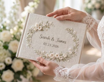 Libro de firmas para bodas en lino bordado tamaño A4, cuaderno floral personalizado tamaño A4, elegante recuerdo para los novios.