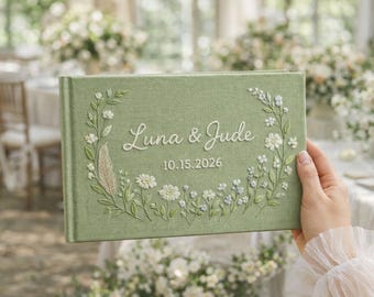 Anpassad gästbok i linne för bröllop, handbroderade blommor, lyxig personlig present till brudgummen