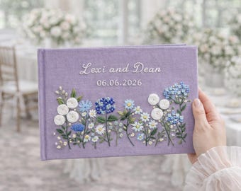 Personlig broderad linnegästbok för bröllop, blommigt arvsminne