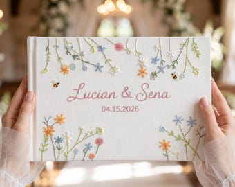 Personlig broderad gästbok för bröllop, anpassad gästbok i linne för brudpar, blommig bröllopsinloggningsbok, A5 bröllopsminnessak