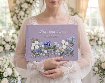 Personlig broderad gästbok för bröllop, anpassad gästbok i lavendelfärgat linne, blommig bröllopsinloggningsbok, handgjord brudminnessak