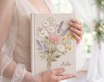 Personlig gästbok med namn, broderad A5-anteckningsbok i linne, personlig present till brudgummen