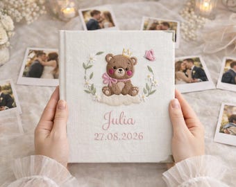 Broderat linnealbum för bebisar, personligt minnesalbum, fotoalbum för nyfödda