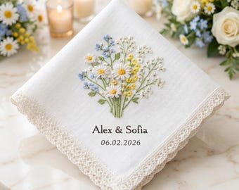 Anpassad broderad bröllopsnäsduk, personlig linnenäsduk för brud, blombukettnäsduk, brudminne
