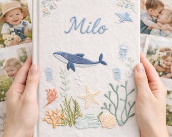 Personligt handbroderat linnefotoalbum för bebisar, minnesbok för nyfödda