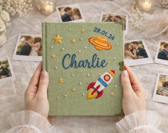 Anpassat babyminnesalbum, broderat fotoalbum för nyfödd, babyminnesbok, fotobok för första året, dopgåva