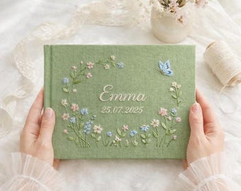 Anpassad broderad gästbok i linne för bröllop A5, blommig minnesbok