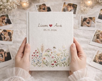Personligt handbroderat linnefotoalbum för bröllop, minnesbok för årsdagar
