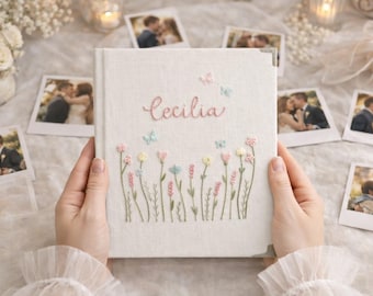 Personligt fotoalbum för bebisar, handbroderad linnebok för nyfödda, minnesalbum för nyfödda, babyshowerpresent, minnessak för första året