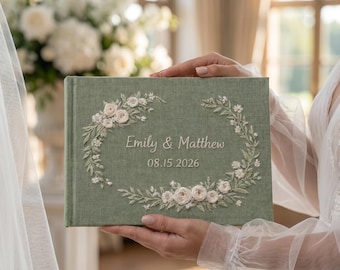 Libro de firmas para bodas en lino bordado a mano, recuerdo floral, cuaderno personalizado.