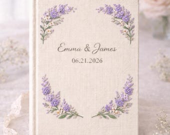 Anpassad gästbok för bröllop, broderad linne med lavendel och lila blommor i A5-format, personlig present till brudgummen