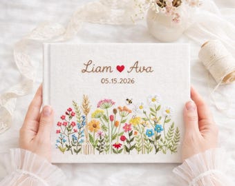 Anpassad broderad linnegästbok i A5-format, blommig minnesbok för bröllop