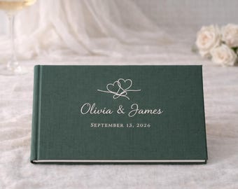 Gästbok för bröllop i arvstil, specialbroderad linne i salvia, konstliknande för brudparet