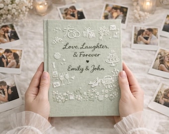 Personligt bröllopsfotoalbum, handbroderat linnealbum, jubileumspresent till par, anpassat fotoalbum för minnessaker