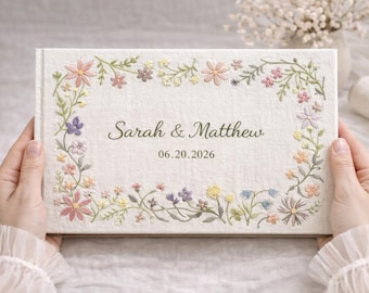 Broderad gästbok i linne för bröllop, personligt blommigt minnesalbum