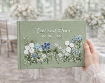 Personlig broderad gästbok för bröllop, lyxig linnegästbok, anpassad blommig arvgåva för bröllop