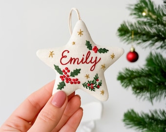 Adorno navideño personalizado de estrella de lino bordada a mano, recuerdo navideño único