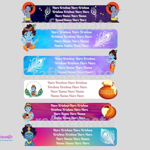 May include: A collection of colorful labels featuring illustrations of Krishna, a deity in Hinduism. Each label has the text "Hare Krishna Hare Krishna, Krishna Krishna Hare Hare, Hare Rama Hare Rama, Rama Rama Hare Hare".