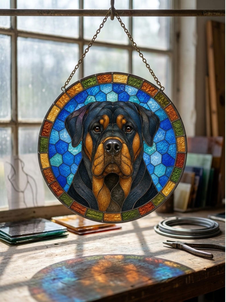 Round dog stained glass suncatcher with Rottweiler face and handmade leaded glass look