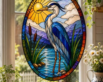 Blauer Reiher Glasmalerei-Muster | Vogel Suncatcher Vorlage | Küsten Fenster Kunst | Digitaler Download