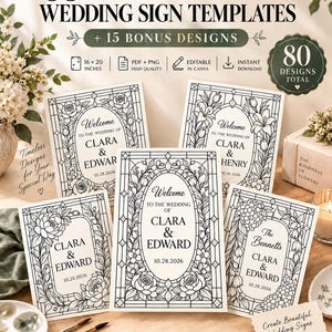 Pode incluir: Uma coleção de mais de 65 modelos de placas de casamento em estilo vitral com 15 designs bônus, totalizando 80 modelos. Os designs em preto e branco apresentam bordas florais e texto personalizável, medindo 40,6 x 50,8 cm.